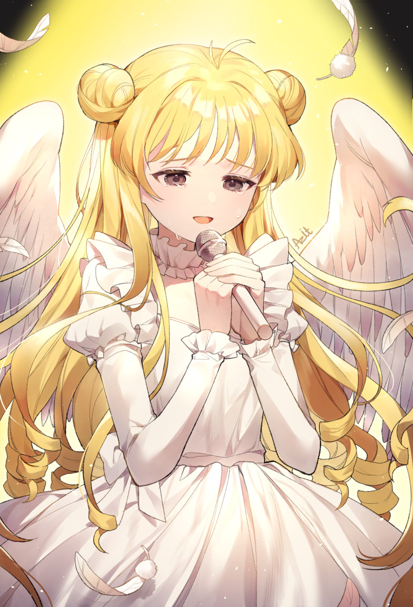 :d antenna_hair artist_name azit_(down) blonde_hair blush brown_eyes commentary crying crying_with_eyes_open double_bun dress english_commentary feathered_wings feathers female full_moon_(full_moon_wo_sagashite) full_moon_wo_sagashite hair_bun hands_up highres holding holding_microphone juliet_sleeves kouyama_mitsuki long_hair long_sleeves microphone open_mouth puffy_sleeves ringlets signature smile solo tears very_long_hair white_dress white_feathers white_wings wings