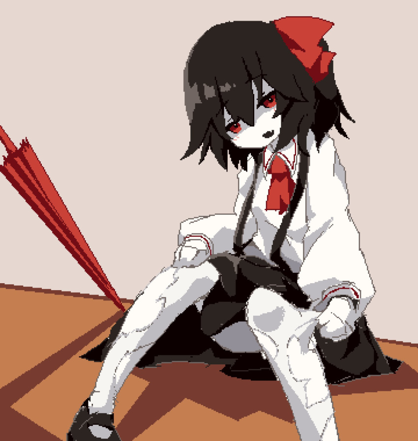 ascot black_footwear black_hair black_skirt bow colored_skin commentary_request cookie_(touhou) female foot_out_of_frame hairbow highres long_sleeves looking_at_viewer medium_hair oerba_yun_fang open_mouth pixel_art red_ascot red_bow red_eyes red_umbrella shaded_face shedding shedding_skin shirt sitting siyudi_(cookie) skin_fang skirt solo sparseseethe suspender_skirt suspenders umbrella white_shirt white_skin