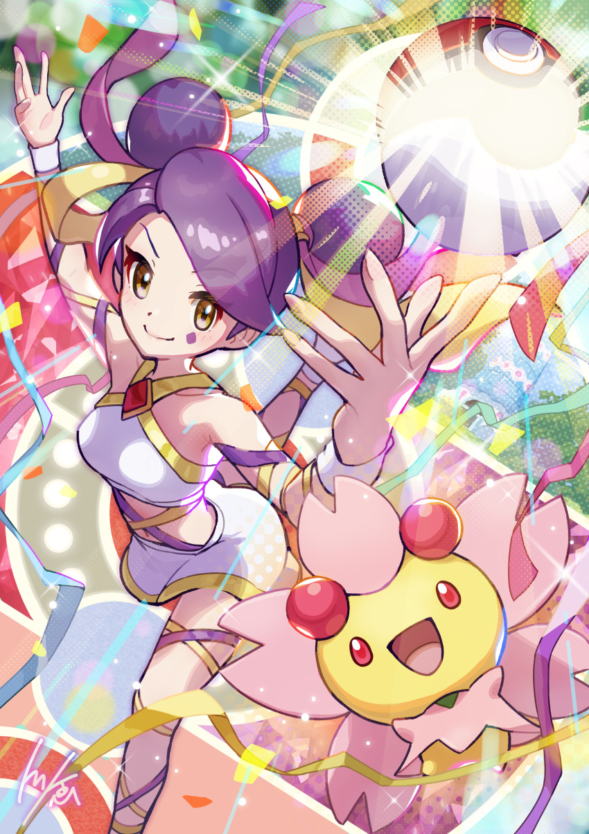 :d arms_up blush cherrim cherrim_(sunshine) closed_mouth commission commissioner_upload diamond_(shape) double_bun female gem hair_bun hair_ribbon highres non-web_source open_mouth poke_ball poke_ball_(basic) pokemon pokemon_(creature) pokemon_battle_revolution purple_hair purple_ribbon red_eyes red_gemstone ribbon sashay_(pokemon) signature skirt smile sparkle swept_bangs tom_(pixiv10026189) tongue white_footwear white_skirt wristband yellow_ribbon