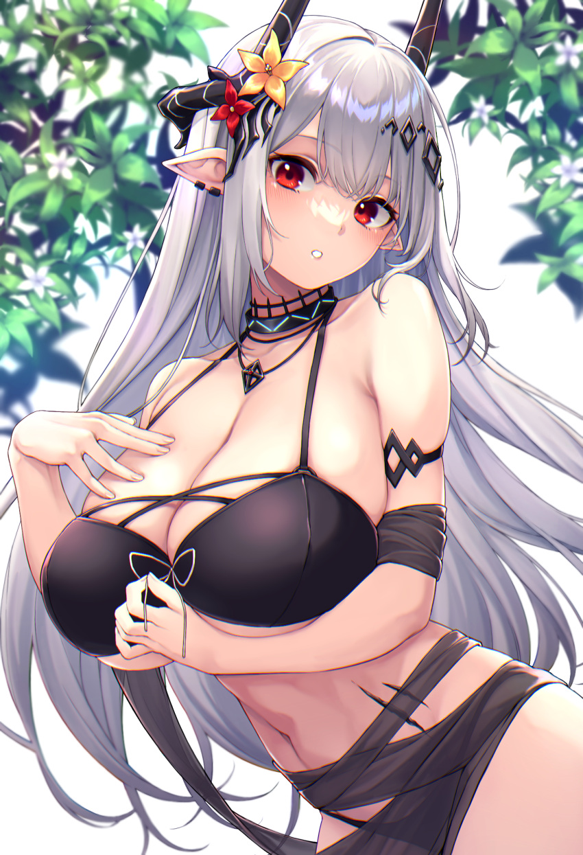 :o arknights arm_strap bikini black_bikini black_collar breasts cleavage collar cowboy_shot demon_horns earclip female flower grey_hair hair_ornament hand_on_own_chest highres horns huge_breasts infection_monitor_(arknights) jewelry leaf looking_at_viewer material_growth mudrock_(arknights) mudrock_(silent_night)_(arknights) nameko_houshi navel necklace official_alternate_costume oripathy_lesion_(arknights) pointy_ears red_eyes red_flower skindentation solo stomach swimsuit yellow_flower