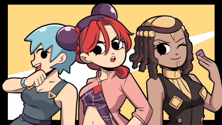 3girls :d ;) absurdres alternate_hair_color bare_shoulders blue_hair braid breasts brown_hair commentary crown_braid dark-skinned_female dark_skin double_bun dreadlocks english_commentary ermes_costello foo_fighters_(jojo) hair_bun highres jacket jojo_no_kimyou_na_bouken kermittend kujo_jolyne long_hair medium_breasts multiple_girls no_pupils one_eye_closed open_clothes open_jacket parody purple_hair red_hair scott_pilgrim_(series) short_hair smile stone_ocean upper_body