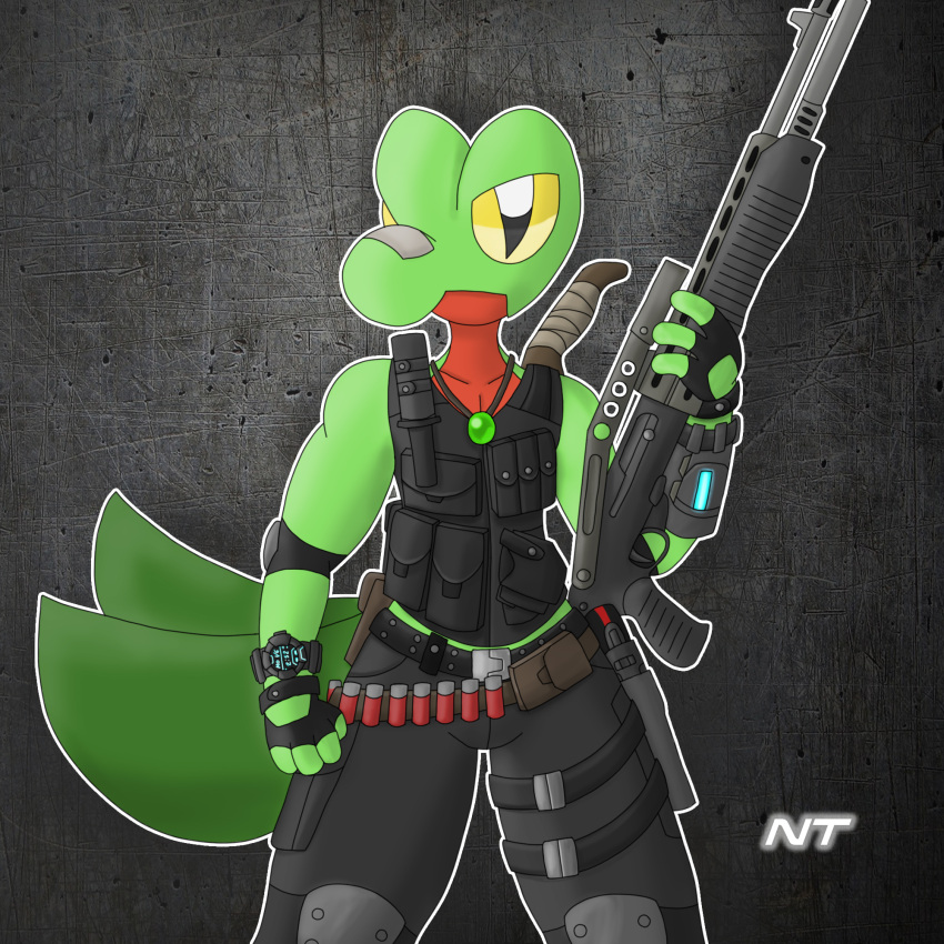 1:1 anthro bandage bandage_on_face bandage_on_nose biped bottomwear bulletproof_vest cargo_pants clock clothed clothing countershading digital_media_(artwork) elbow_pads fern_shinamori fingerless_gloves front_view fully_clothed generation_3_pokemon gloves green_body gun handgun handwear hi_res holding_gun holding_object holding_ranged_weapon holding_weapon holster holstered_pistol jewelry knee_pads knife knife_sheath male necklace ninjatreecko nintendo outline pants pokemon pokemon_(species) pokemorph portrait pouches pump_action pump_action_shotgun pupils ranged_weapon reptile scalie semi-automatic semiautomatic_shotgun shell_(projectile) shotgun shotgun_shell slit_pupils solo spas-12 standing thigh_holster three-quarter_portrait topwear treecko vest watch weapon weapon_on_back white_outline yellow_eyes