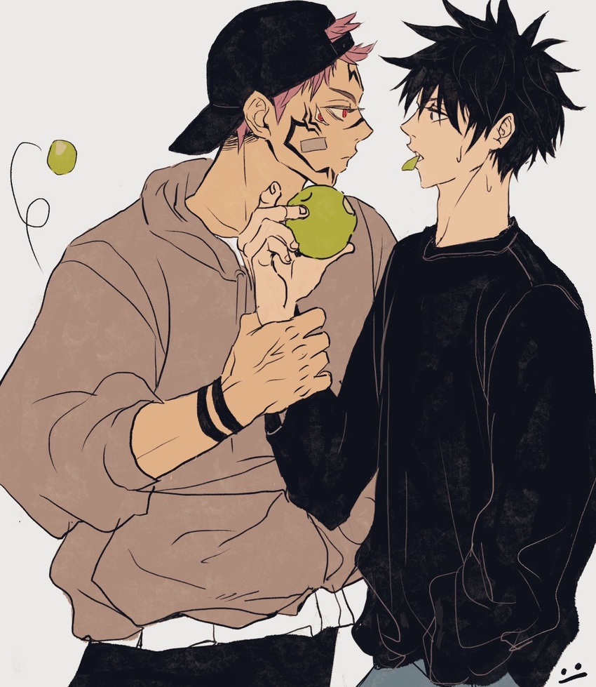 2boys apple apple_peel arm_tattoo backwards_hat baseball_cap bitten_apple black_hair black_headwear black_pants black_shirt blue_pants brown_hoodie closed_mouth extra_eyes facial_tattoo food food_bite fruit fushiguro_megumi hand_in_pocket hat highres holding holding_another's_wrist holding_food holding_fruit hood hood_down hoodie jujutsu_kaisen korean_commentary kukig8765 long_sleeves looking_at_another male_focus mixed-language_commentary mouth_hold multiple_boys pants pink_hair profile red_eyes ryoumen_sukuna_(jujutsu_kaisen) shirt short_hair spiked_hair standing sweatdrop tattoo undercut white_shirt yaoi