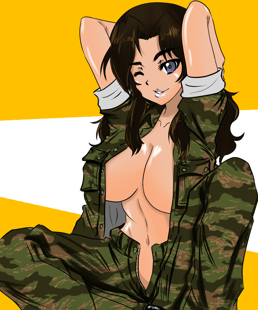 ;) absurdres arms_behind_back arms_up blue_eyes breasts butterfly_sitting camouflage camouflage_jacket camouflage_pants closed_mouth dark-skinned_female dark_skin el_(girls_und_panzer) female girls_und_panzer green_jacket green_pants hair_intakes highres jacket knee_up large_breasts lips long_hair looking_at_viewer moesenyukikaze navel no_bra no_panties no_shirt one_eye_closed open_clothes open_fly open_jacket pants sitting sleeves_rolled_up smile solo