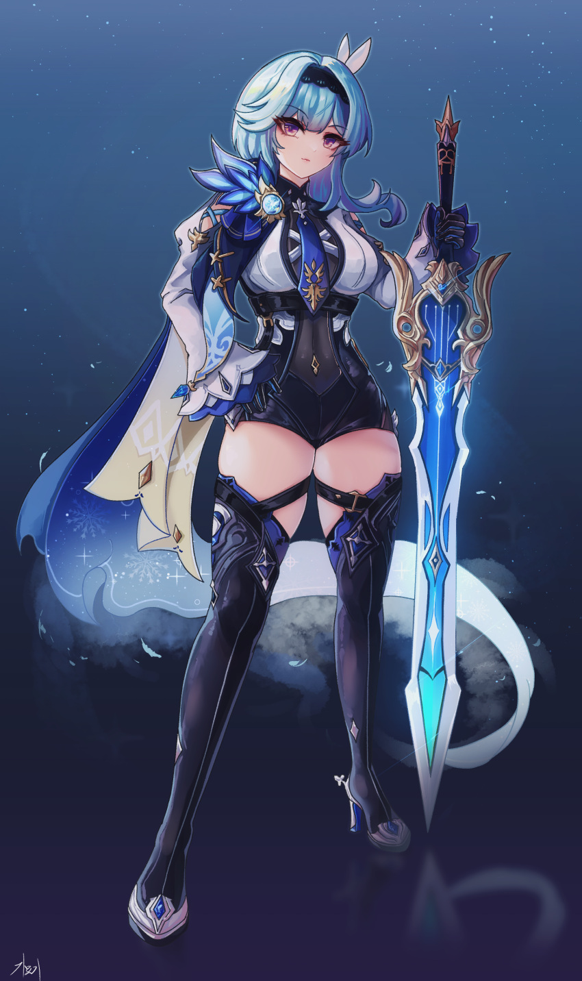 absurdres black_hairband blue_background blue_eyes blue_necktie bodystocking boots breasts closed_mouth eula_(genshin_impact) female full_body genshin_impact gloves gmg greatsword hair_ornament hairband hand_on_own_hip high_heels highres korean_commentary large_breasts long_sleeves looking_at_viewer necktie purple_eyes solo song_of_broken_pines_(genshin_impact) standing sword thigh_boots thighhighs thighs vision_(genshin_impact) weapon