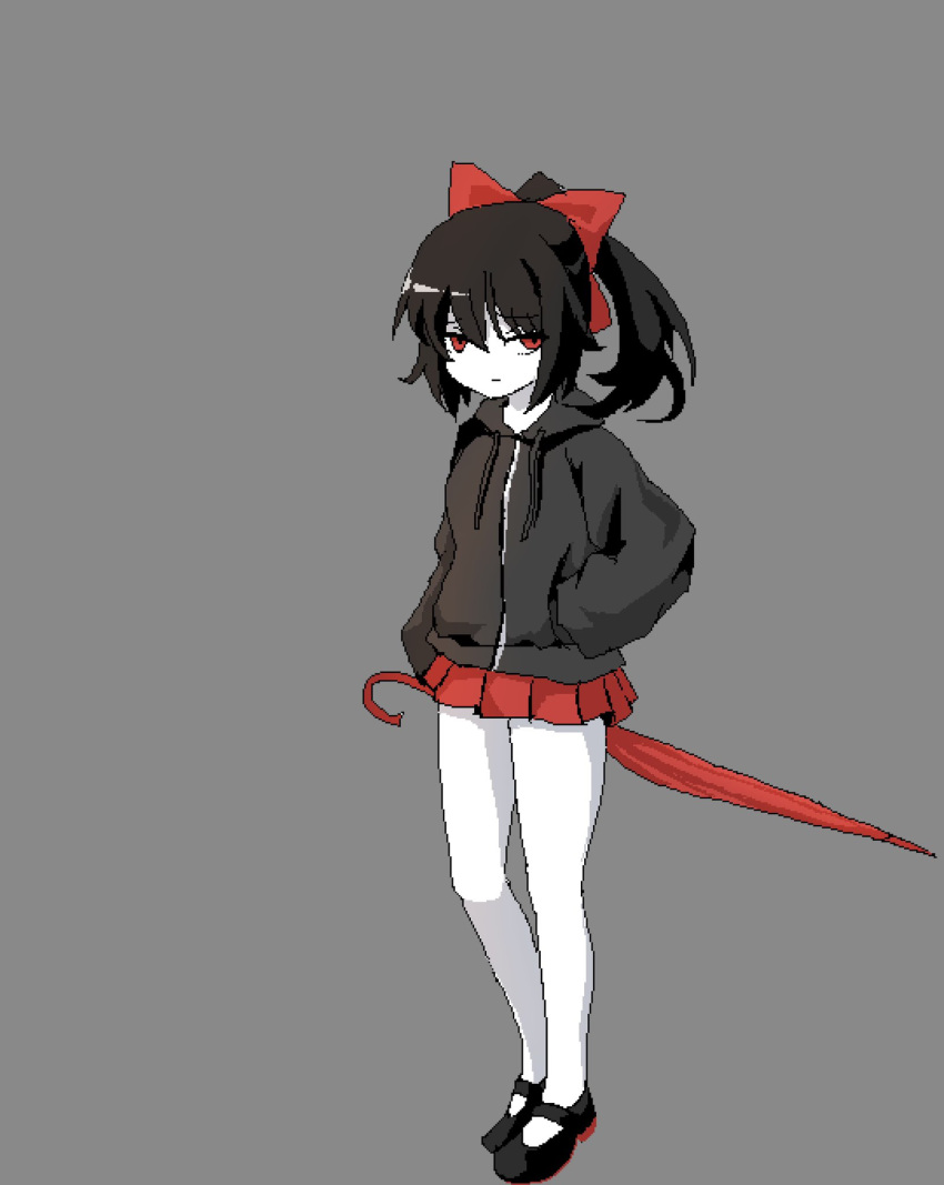 alternate_costume black_footwear black_hair black_hoodie bow closed_mouth colored_skin cookie_(touhou) expressionless female full_body grey_background hair_between_eyes hairbow hand_in_pocket highres holding holding_umbrella hood hoodie looking_at_viewer mary_janes miniskirt pixel_art red_bow red_eyes red_skirt red_umbrella shoes simple_background siyudi_(cookie) skirt solo sparseseethe umbrella white_skin