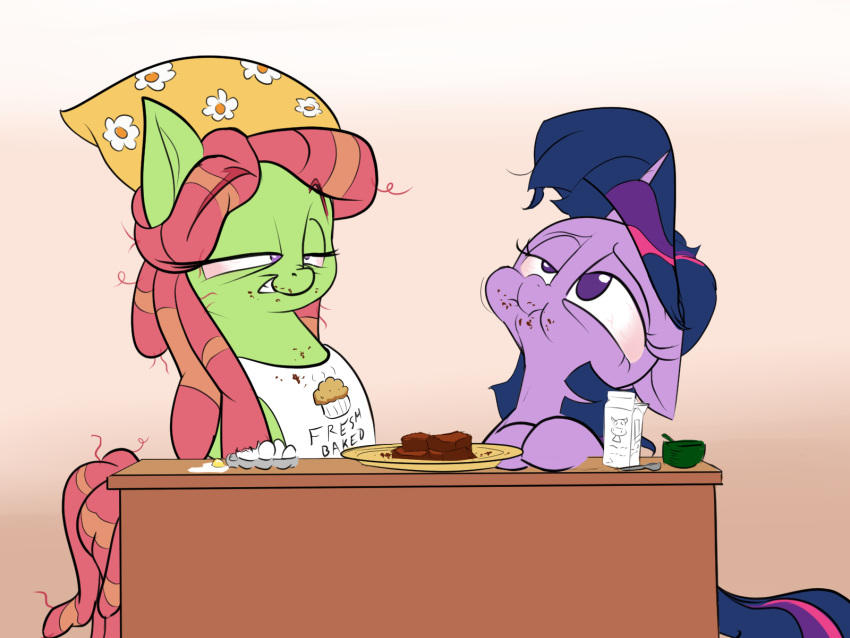 4:3 apron bloodshot_eyes brownie clothing dreadlocks drugs duo earth_pony equid equine female feral friendship_is_magic hasbro hi_res horn horse mammal my_little_pony mythological_creature mythological_equine mythology plate pony pot_brownie rocket-lawnchair stoned substance_intoxication tree_hugger_(mlp) twilight_sparkle_(mlp) unicorn