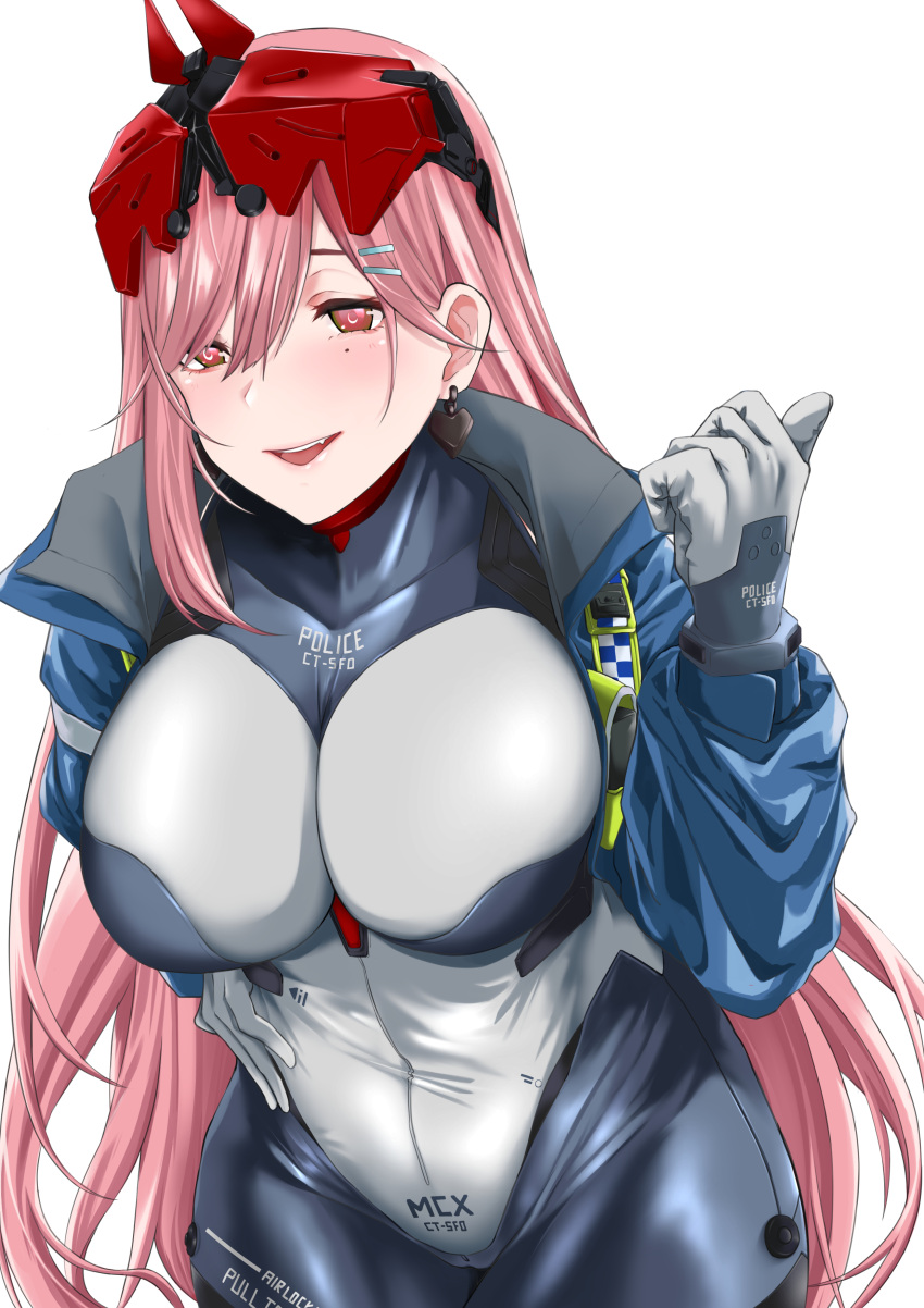 :d absurdres blue_bodysuit blue_jacket blush bodysuit breasts commentary covered_navel cowboy_shot earrings eyebrows_hidden_by_hair eyewear_on_head female girls'_frontline gloves hair_between_eyes hair_ornament hairclip hand_on_own_hip hand_up highres jacket jewelry large_breasts leaning_forward long_hair long_sleeves looking_at_viewer mole mole_under_eye oerba_yun_fang official_alternate_costume open_clothes open_mouth open_shirt pink_hair pointing red_eyes sam_desu sidelocks sig_mcx_(crimson_meteor)_(girls'_frontline) sig_mcx_(girls'_frontline) simple_background smile solo spade_(shape) spade_earrings standing teeth upper_teeth_only white_background