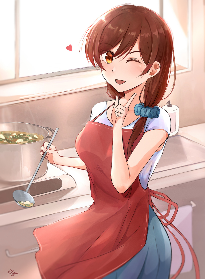 absurdres apron brown_hair cooking female food hair_ornament hair_scrunchie hand_soap heart highres kanojo_okarishimasu kitchen ladle long_hair lygon mizuhara_chizuru one_eye_closed osandon portable_stove scrunchie sink smile sunlight window