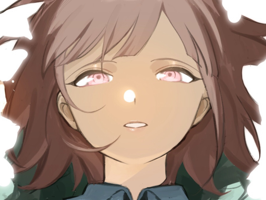 breasts brown_hair collared_shirt commentary danganronpa_(series) danganronpa_2:_goodbye_despair female highres looking_at_viewer medium_breasts medium_hair nanami_chiaki no_hair_ornament noto_(notototo) parted_lips pink_eyes portrait shirt solo teeth white_background