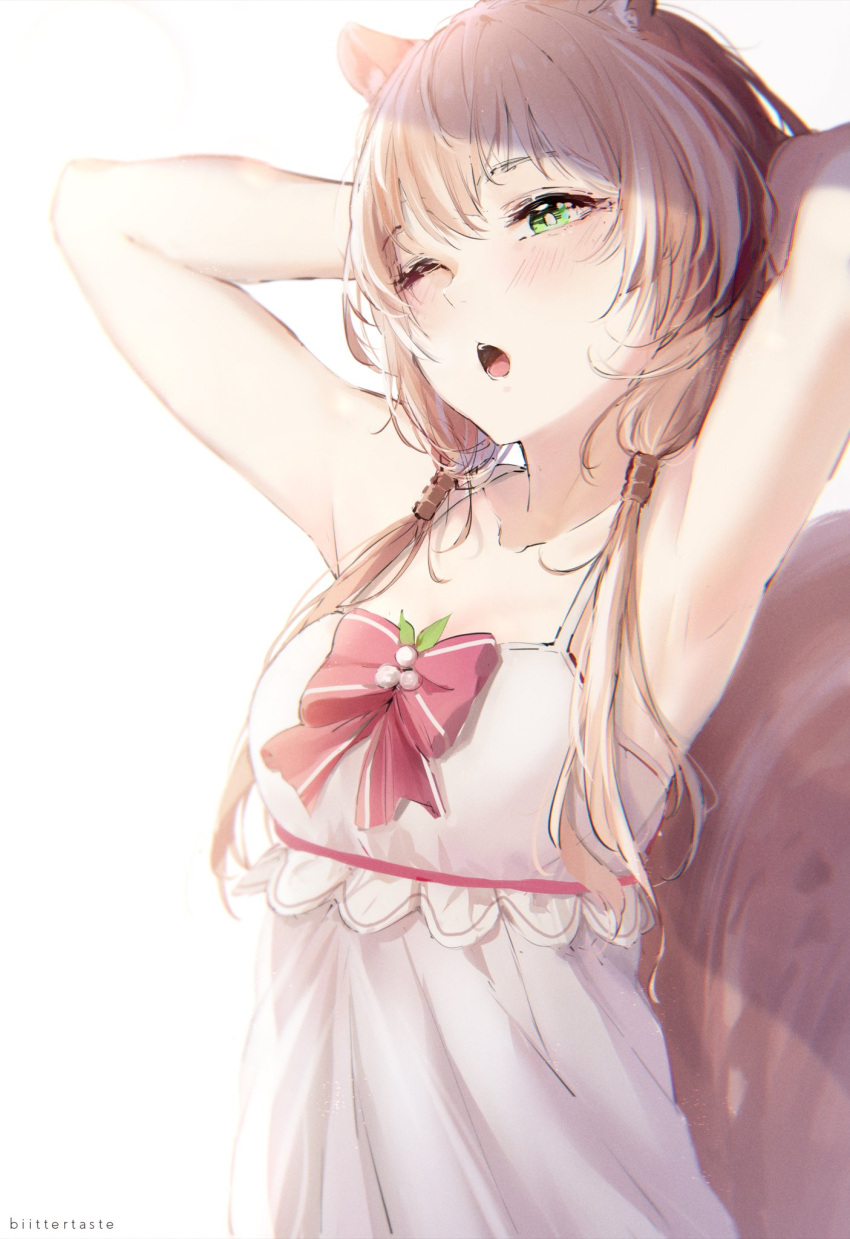 animal_ear_fluff animal_ears armpits arms_behind_head ayunda_risu ayunda_risu_(1st_costume) biittertaste blush bow breasts brown_hair camisole collarbone commentary_request dress female frilled_dress frills green_eyes hair_between_eyes highres hololive hololive_indonesia medium_breasts one_eye_closed open_mouth pink_bow solo squirrel_ears squirrel_girl squirrel_tail stretching tail twintails upper_body virtual_youtuber