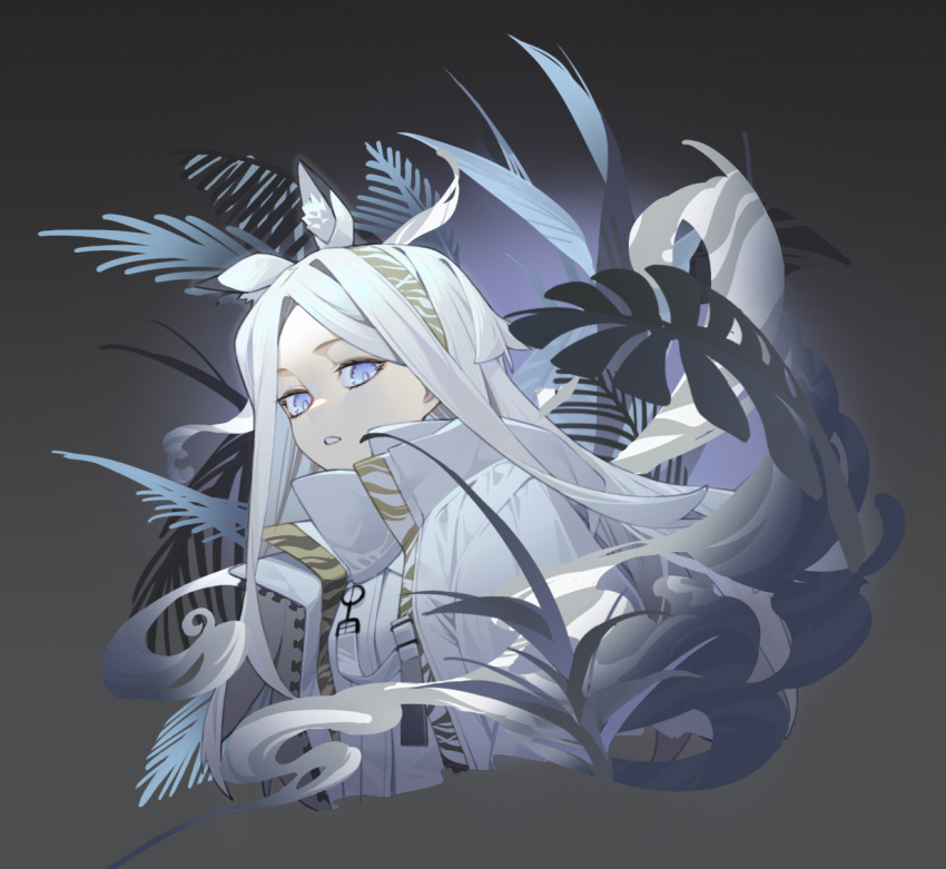 animal_ears arknights blue_eyes brown_background coat commentary female fern gradient_background grass hairband heavyrain_(arknights) high_collar leaf long_hair looking_at_viewer parted_lips plant sidelocks solo striped upper_body very_long_hair vinegar_kira white_coat white_hair zebra_ears zebra_girl zipper