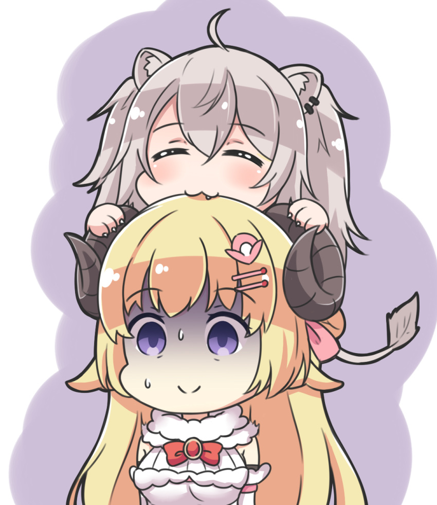 2girls :3 ahoge animal_ear_fluff animal_ears biting blonde_hair bow breasts claws closed_eyes closed_mouth commentary curled_horns detached_sleeves dress facing_viewer grey_hair hair_between_eyes hair_ornament hairclip head_biting highres hololive horns large_breasts lion_ears lion_girl lion_tail long_hair multiple_girls oerba_yun_fang purple_background purple_eyes red_bow rutorifuki sheep_ears sheep_girl sheep_horns shishiro_botan smile tail tsunomaki_watame tsunomaki_watame_(1st_costume) turn_pale two-tone_background two_side_up upper_body very_long_hair virtual_youtuber white_background white_dress white_sleeves