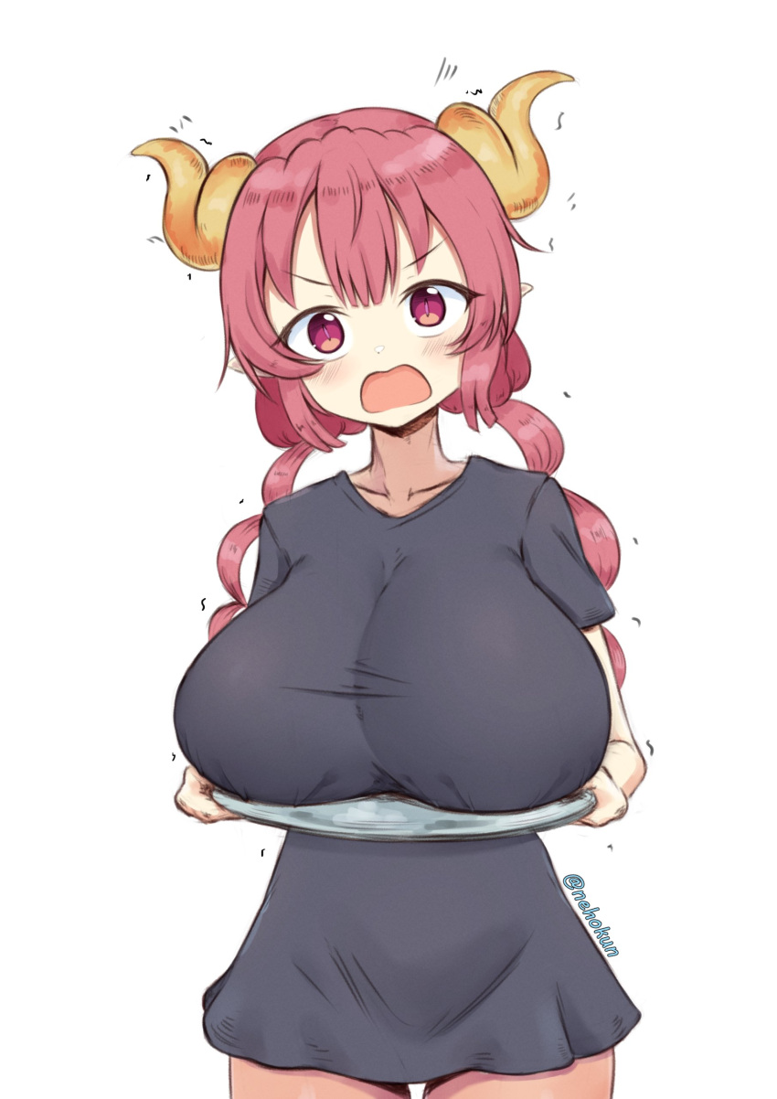 absurdres black_dress breast_rest breasts breasts_on_tray carried_breast_rest carrying collarbone commentary dragon_horns dress drill_hair english_commentary female highres holding holding_plate horns huge_breasts ilulu_(maidragon) impossible_clothes impossible_dress kobayashi-san_chi_no_maidragon long_hair looking_at_viewer low_twintails neho-kun oppai_loli pink_eyes plate purple_hair short_sleeves shortstack slit_pupils solo standing twin_drills twintails twitter_username v-shaped_eyebrows white_background