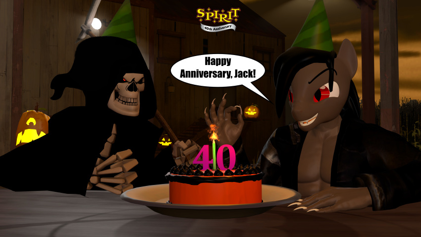 16:9 3d_(artwork) absurd_res anniversary anthro cake candle death_(personification) dessert dialogue digital_media_(artwork) duo fan_character food garry's_mod gesture grim_reaper hand_gesture hi_res humanoid kurt_marek_(mr-wolfapex) male melee_weapon mr-wolfapex ok_sign polearm scythe spirit_halloween weapon widescreen