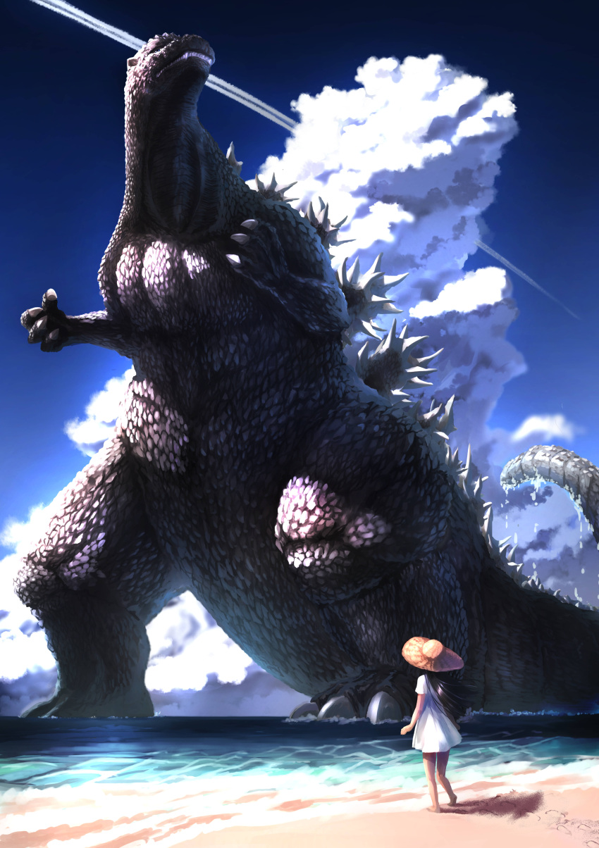 absurdres aircraft airplane beach cloud commentary contrail dress female fukutchi full_body godzilla godzilla_(series) hat highres horizon kaijuu looking_at_another ocean outdoors solo standing straw_hat summer sundress white_dress