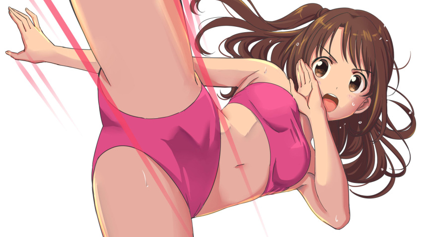 bad_id bad_twitter_id bandeau bare_shoulders breasts brown_eyes brown_hair commentary_request female highres idolmaster idolmaster_cinderella_girls johnny_(nyansama0412se) kicking long_hair midriff motion_lines navel one_side_up open_mouth pink_bandeau shimamura_uzuki small_breasts solo sweat