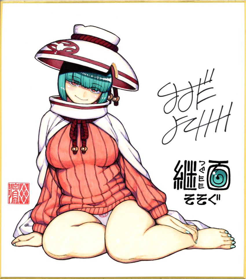 aqua_hair bad_id bad_twitter_id bare_legs barefoot blue_nails blunt_bangs cape commentary_request eyes_visible_through_hair feet female full_body hamada_yoshikazu hat head_tilt highres looking_at_viewer nail_polish official_art panties red_eyes red_sweater ribbed_sweater shikishi short_hair signature simple_background sitting smile solo sosogu_(tsugumomo) sweater toenail_polish toenails toes traditional_media tsugumomo underwear white_background white_cape white_panties yokozuwari