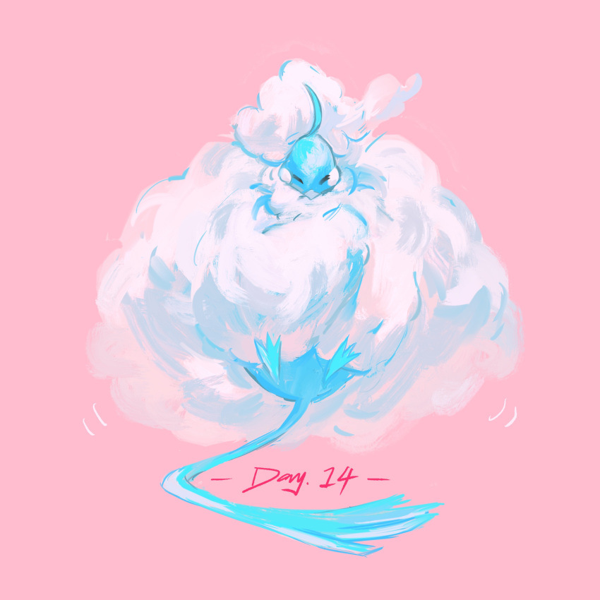 ahoge altaria animal_focus beak bird blue_feathers blush_stickers closed_eyes commentary english_commentary english_text feathers fluffy full_body highres mega_altaria mega_pokemon motion_lines no_humans pink_background pokemon pokemon_(creature) simple_background solo straight-on white_feathers yug_(yu_g)