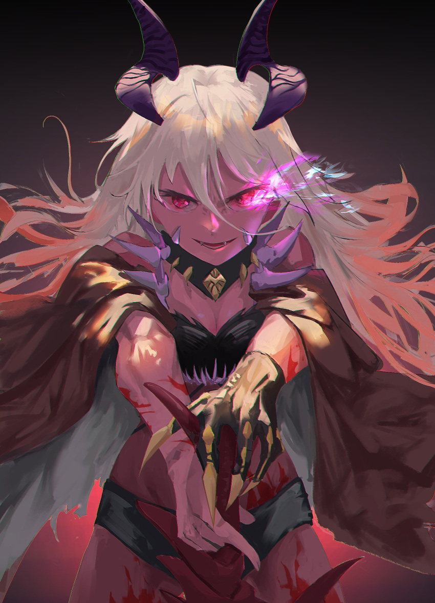 breasts cape collar colored_skin dark_magician_beth demon_girl demon_horns female flaming_eye frs grin guardian_tales highres holding holding_sword holding_weapon horns long_hair looking_at_viewer multicolored_hair painting_(medium) purple_skin scar simple_background sleeveless smile sword traditional_media weapon