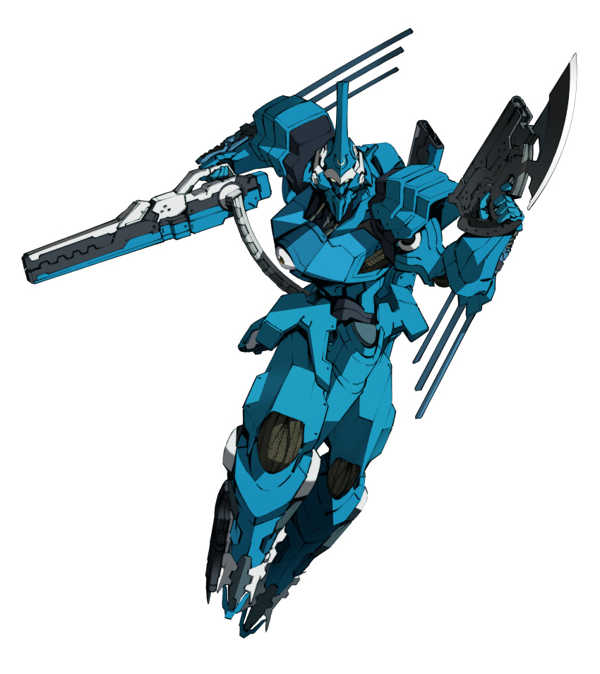 absurdres bayonet dual_wielding floating gun handgun highres holding holding_gun holding_weapon kurogane_no_linebarrel looking_at_viewer mecha no_humans robot science_fiction shimoguchi_tomohiro solo vardant weapon white_background white_eyes