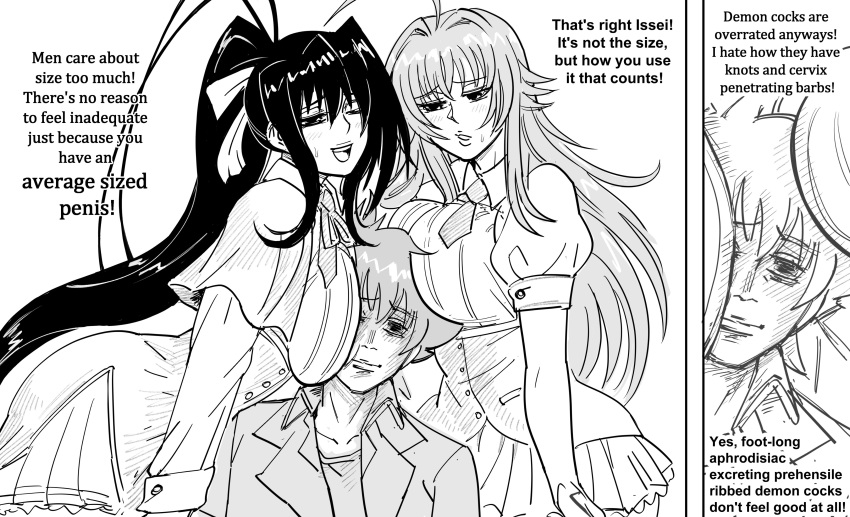 1boy 2girls :d absurdres ahoge bb_(baalbuddy) breast_press breasts closed_mouth commentary depressed empty_eyes english_commentary english_text greyscale high_school_dxd highres himejima_akeno hyoudou_issei kuoh_academy_school_uniform large_breasts long_sleeves miniskirt monochrome multiple_girls necktie netorare pleated_skirt puffy_short_sleeves puffy_sleeves rias_gremory school_uniform short_necktie short_sleeves simple_background skirt small_penis_humiliation smile straight white_background