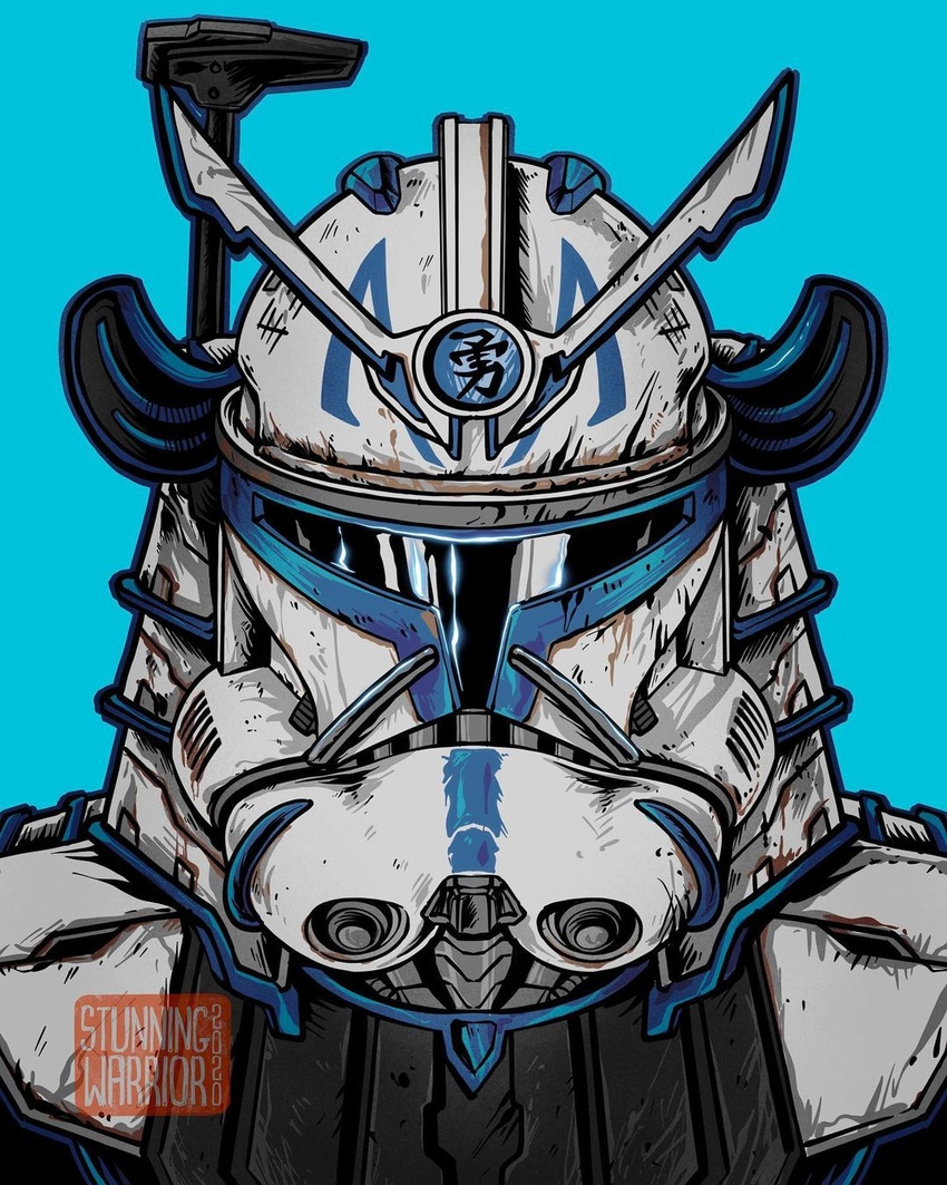 1boy 501st_legion alternate_universe armor artist_name blue_background captain_rex clone_trooper commentary english_commentary helmet highres male_focus radio_antenna samurai science_fiction solo star_wars star_wars:_the_clone_wars stunning_warrior upper_body v-fin visor