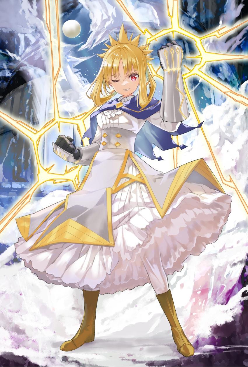 ;d ascot blonde_hair blue_capelet boots breasts brown_footwear capelet clenched_hands commentary_request cover_image dress electricity female full_body full_moon gauntlets highres itai_no_wa_iya_nano_de_bougyoryoku_ni_kyokufuri_shitai_to_omoimasu koin_(foxmark) layered_dress long_sleeves looking_at_viewer medium_breasts moon night novel_illustration official_art one_eye_closed open_mouth outdoors red_eyes sidelocks smile smirk smug solo standing underbust v-shaped_eyebrows velvet_(bofuri) white_dress white_legwear