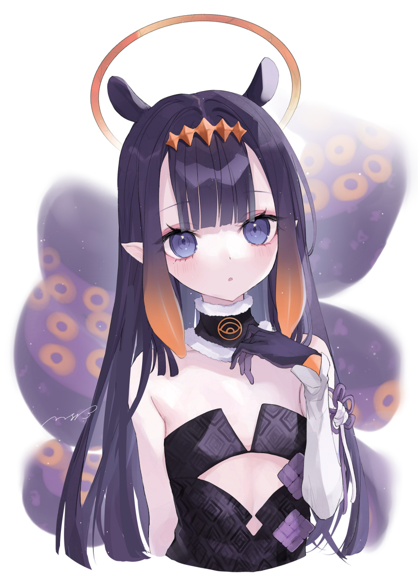 :o absurdres arm_at_side bad_id bad_twitter_id bare_shoulders black_dress black_gloves black_hair blue_eyes blunt_bangs blush collarbone cropped_torso detached_sleeves dress female flat_chest fur_choker fur_collar gloves gradient_hair halo hand_up headpiece highres hololive hololive_english long_hair looking_at_viewer mashiro_shiki mole mole_under_eye multicolored_hair ninomae_ina'nis ninomae_ina'nis_(1st_costume) open_mouth orange_hair parted_lips pointy_ears purple_hair sidelocks single_detached_sleeve solo tentacle tentacle_hair very_long_hair virtual_youtuber