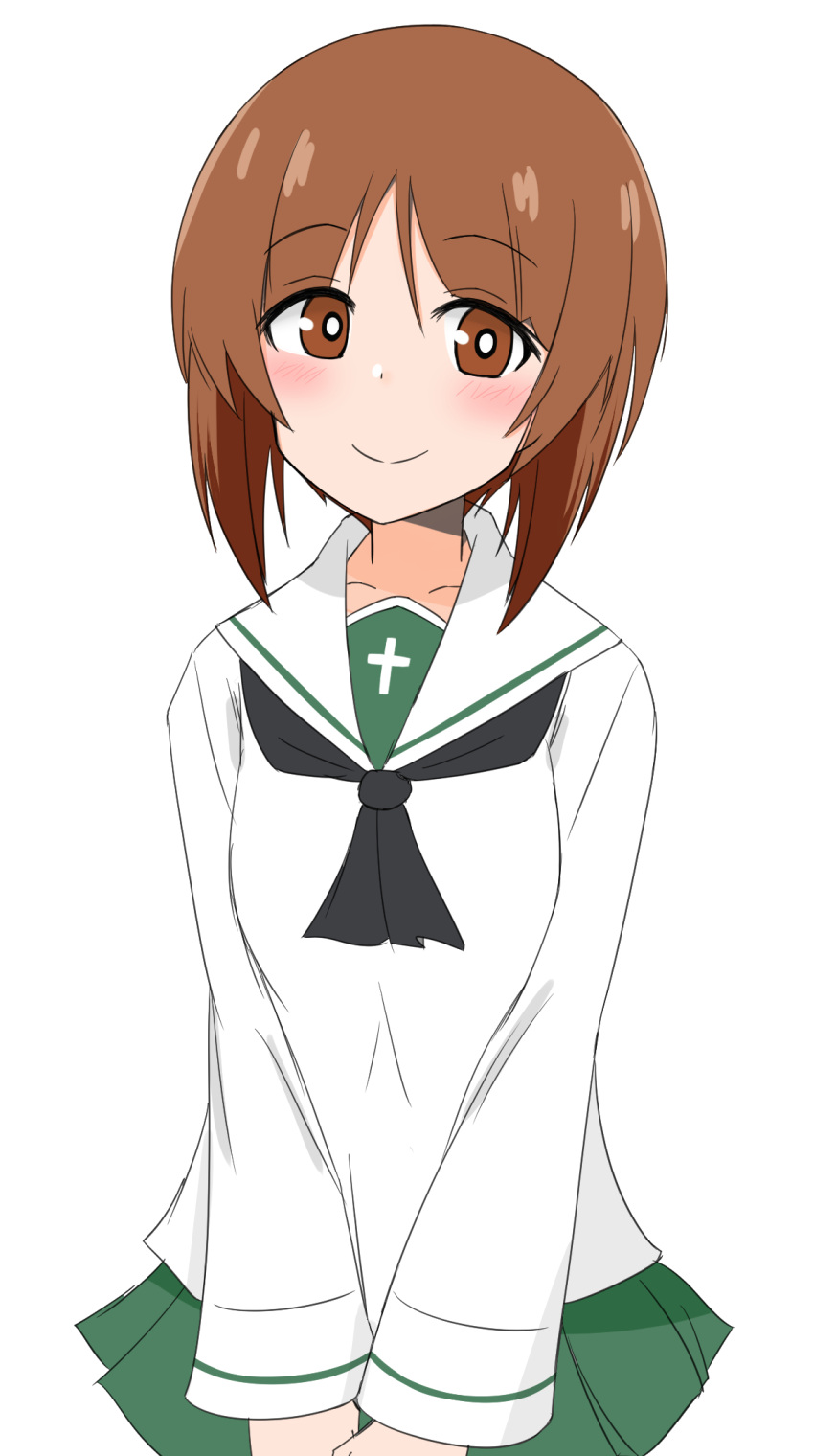 ame_(amechan17391739) bad_id bad_twitter_id black_neckerchief blouse blush bright_pupils brown_eyes brown_hair closed_mouth commentary cowboy_shot female girls_und_panzer green_skirt highres long_sleeves looking_at_viewer miniskirt neckerchief nishizumi_miho one-hour_drawing_challenge ooarai_school_uniform pleated_skirt sailor_collar school_uniform serafuku shirt short_hair simple_background skirt smile solo standing v_arms white_background white_pupils white_sailor_collar white_shirt