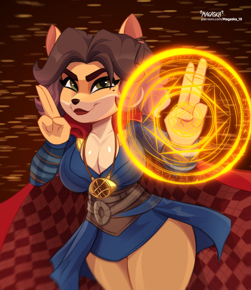 2022 4_fingers abstract_background activision alyssa_bandicoot_(oc) anthro artist_name bandicoot big_breasts black_nose breasts brown_hair cape cleavage clothed clothing crash_(series) doctor_strange doctor_strange_(series) dress fan_character female fingers green_eyes hair hi_res jewelry legs_together lipstick looking_at_viewer magaska19 magic magic_user makeup mammal markings marsupial marvel mole_(marking) pendant short_hair smile solo standing text url wraps