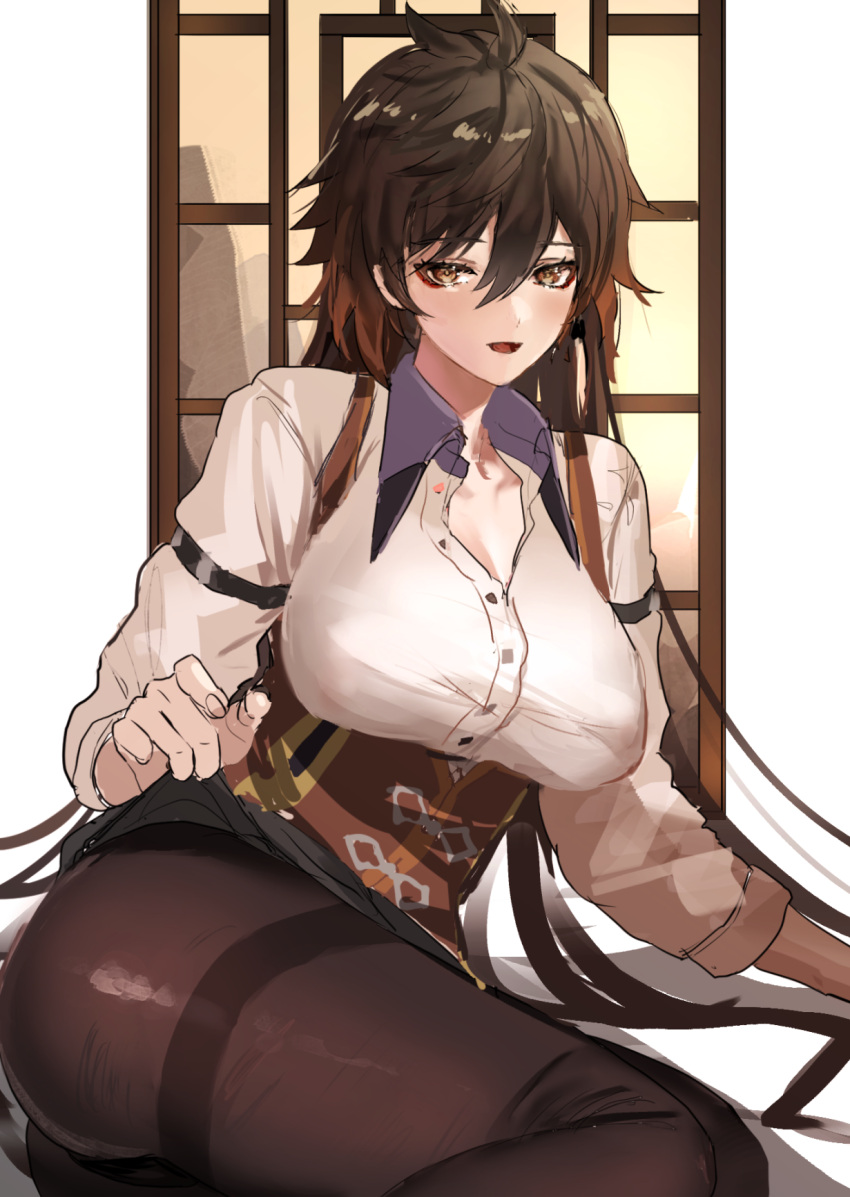 ass black_hair black_pantyhose breasts brown_hair brown_vest earrings female genderswap_(mtf) genshin_impact gradient_hair hair_between_eyes highres hominamia jewelry large_breasts long_hair multicolored_hair open_mouth pantyhose rule_63 shirt single_earring sitting solo thighband_pantyhose vest white_shirt zhongli_(genshin_impact)