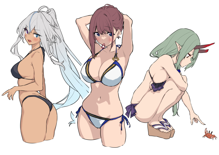 3girls absurdres adjusting_hair ahoge akari_(baffu) ass baffu bikini blue_eyes breasts broken_horn brown_hair cleavage commentary_request cowboy_shot crab cropped_legs full_body green_hair grey_hair hair_tie hair_tie_in_mouth halterneck heterochromia highres hitoyo_(baffu) horns large_breasts long_hair looking_at_viewer medium_breasts mouth_hold multiple_girls navel oni oni_horns original pointy_ears ponytail purple_eyes red_horns sandals side-tie_bikini_bottom sidelocks simple_background squatting standing string_bikini swimsuit very_long_hair white_background yuuna_(baffu)