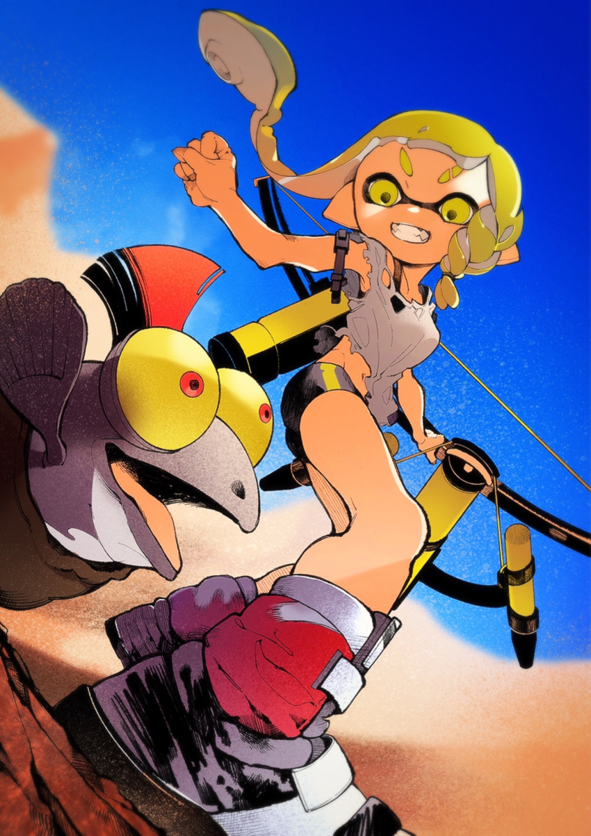 1other asymmetrical_hair bad_id bad_twitter_id bike_shorts black_sports_bra blonde_hair blue_sky blurry blurry_background bow_(weapon) braid bulging_eyes colored_sclera desert dutch_angle eyebrow_cut fangs female foreshortening grin highres holding holding_bow_(weapon) holding_weapon inkling inkling_girl inkling_player_character long_hair looking_down midriff_peek mihashi_(re4_glo) navel pointy_ears red_eyes salmonid shirt single_vertical_stripe sky smallfry_(splatoon) smile splatoon_(series) splatoon_3 sports_bra tentacle_hair torn_clothes torn_shirt tri-stringer_(splatoon) weapon yellow_eyes yellow_sclera