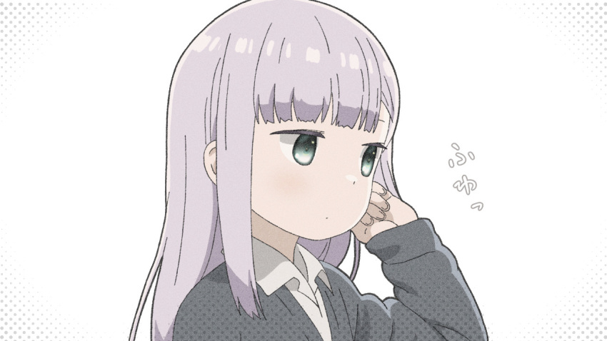 aharen-san_wa_hakarenai aharen_reina cardigan closed_mouth collared_shirt commentary_request female green_eyes grey_hair hand_up long_hair long_sleeves looking_down shirt sidelocks solo translation_request upper_body watanabegenn white_background white_shirt