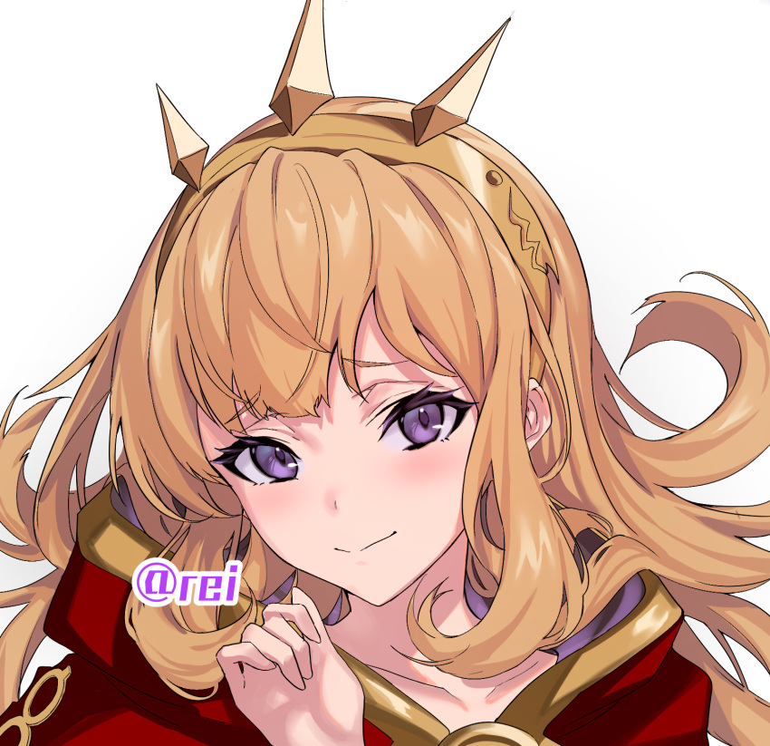 blonde_hair cagliostro_(granblue_fantasy) cape closed_mouth female granblue_fantasy hairband hand_up highres long_hair looking_at_viewer purple_eyes red_cape simple_background smile solo ulrich_(tagaragakuin) white_background