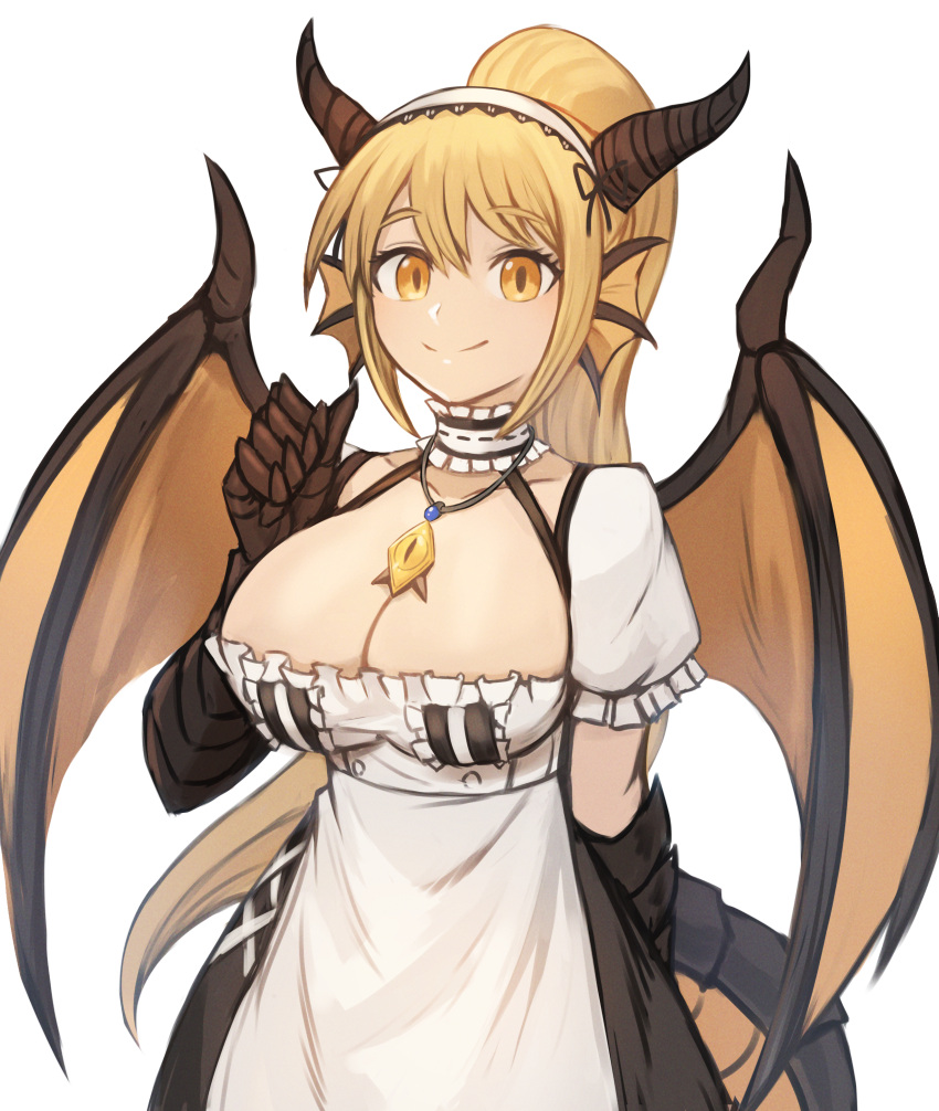 absurdres animal_hands blonde_hair breasts collarbone commentary commission dragon_(monster_girl_encyclopedia) dragon_girl dragon_tail dragon_wings dress english_commentary female fins frills hair_between_eyes head_fins headdress highres horns jewelry large_breasts long_hair looking_at_viewer monster_girl monster_girl_encyclopedia orange_eyes pendant pixiv_commission ponytail puffy_short_sleeves puffy_sleeves scales short_sleeves simple_background smile solo sookmo tail white_background wings