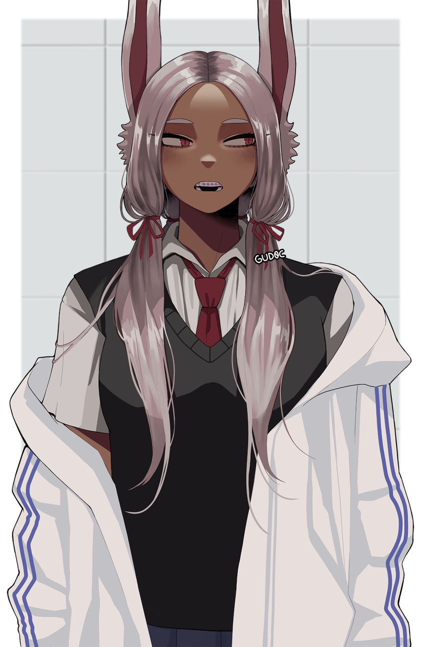 aged_down alternate_hairstyle animal_ears boku_no_hero_academia braces dark-skinned_female dark_skin facing_viewer female forehead grey_hair gud0c hair_ribbon highres jacket long_hair looking_away low-tied_long_hair mirko necktie off_shoulder open_clothes open_jacket parted_hair quad_tails rabbit_ears rabbit_girl red_eyes red_necktie red_ribbon ribbon school_uniform short_sleeves slit_pupils solo sweater_vest teenage track_jacket v-neck white_jacket