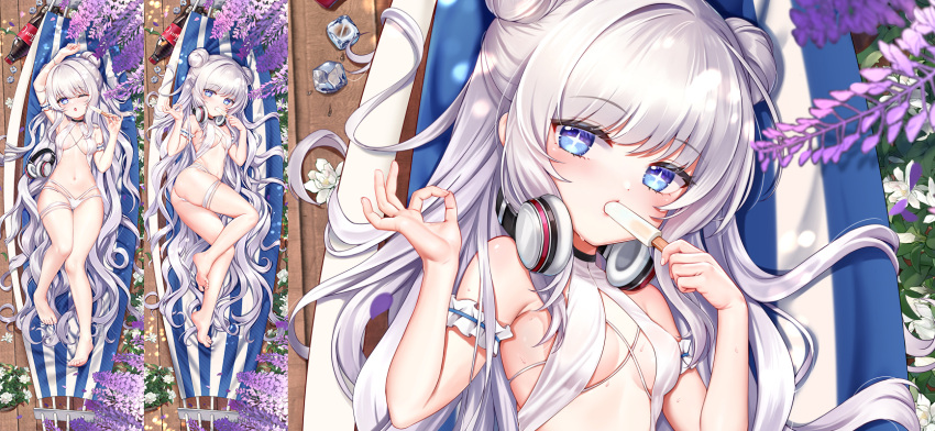 +_+ arm_garter arm_up azur_lane bad_id bad_pixiv_id bare_legs barefoot bikini black_choker blue_eyes blush breasts chinese_commentary choker dakimakura_(medium) double_bun eating female flower food from_above full_body grey_hair hair_bun hammock headphones headphones_around_neck headphones_removed highres holding holding_food ice ice_cube jiushi_shijiu le_malin_(azur_lane) le_malin_(mercredi_at_the_secret_base)_(azur_lane) lips long_hair looking_at_viewer lying medium_breasts midriff multiple_views navel official_alternate_costume ok_sign on_back on_side one_eye_closed open_mouth popsicle single_hair_bun soda_bottle soles stomach swimsuit thighs underboob very_long_hair white_bikini wisteria wooden_floor