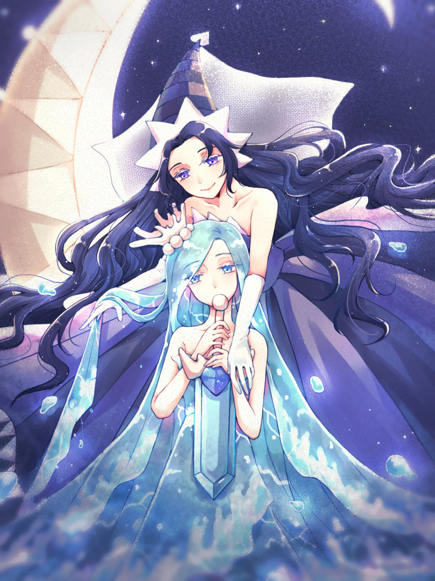 2girls bare_shoulders barefoot blue_eyes blue_hair breasts cat-kelp cleavage commentary cookie_run diamond_(shape) dress english_commentary hair_ornament highres humanization jewelry large_breasts liquid_hair long_hair looking_at_viewer moonlight_cookie multiple_girls necklace sea_fairy_cookie sword thighs very_long_hair weapon