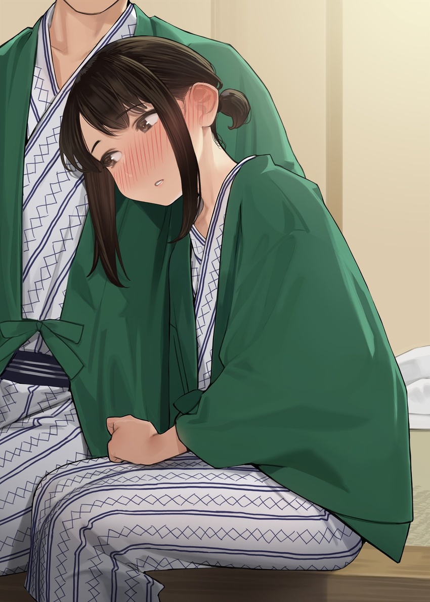 1boy bath_yukata blush brown_eyes brown_hair commentary douki-chan_(douki-chan) douki-kun_(douki-chan) ear_blush female ganbare_douki-chan hanten_(clothes) highres japanese_clothes kimono leaning_on_person matching_outfits open_mouth ponytail shima_(pattern) side-by-side sitting tied_hair yomu_(sgt_epper) yukata