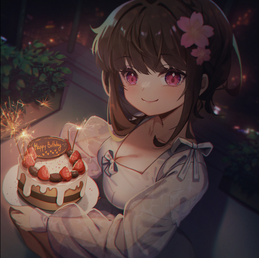 absurdres bad_id bad_pixiv_id birthday_cake blurry blurry_background blush breasts brown_hair bush cake cleavage collarbone commentary daikazoku63 female flower food fruit hair_flower hair_ornament happy_birthday highres jacket kneeling lipstick long_sleeves looking_at_viewer looking_to_the_side makeup original outdoors pink_eyes plate puffy_sleeves ribbon shirt short_hair_with_long_locks sidelocks smile solo strawberry white_jacket white_ribbon white_shirt