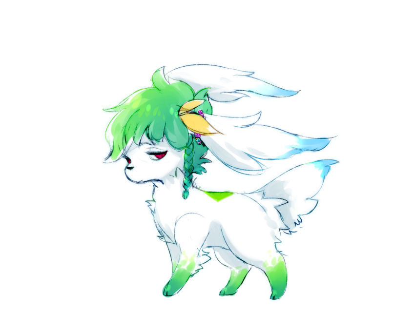 4:3 aishasoup black_nose blue_body blue_fur braided_hair female feral flower fur generation_4_pokemon green_body green_fur green_hair hair honey_(shaymin) legendary_pokemon nintendo plant pokemon pokemon_(species) red_eyes shaymin simple_background sky_forme_shaymin solo standing white_background white_body white_fur