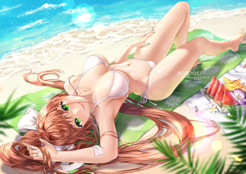 absurdres arm_up armpits artist_name barefoot beach bikini blanket blurry blurry_foreground breasts brown_hair collarbone commentary commission depth_of_field doki_doki_literature_club english_commentary female food fruit green_eyes green_nails hair_ribbon halterneck hand_on_own_thigh highres large_breasts lens_flare long_hair looking_at_viewer lying monika_(doki_doki_literature_club) navel on_back outdoors potetos7 ribbon sand side-tie_bikini_bottom smile solo string_bikini swimsuit tray very_long_hair water watermelon watermelon_slice white_bikini white_ribbon