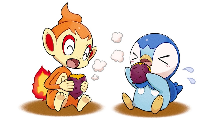 >_< blush chimchar closed_eyes commentary_request eating fangs fire flying_sweatdrops holding no_humans official_art open_mouth piplup pokemon pokemon_(creature) project_pochama sitting toes tongue white_background