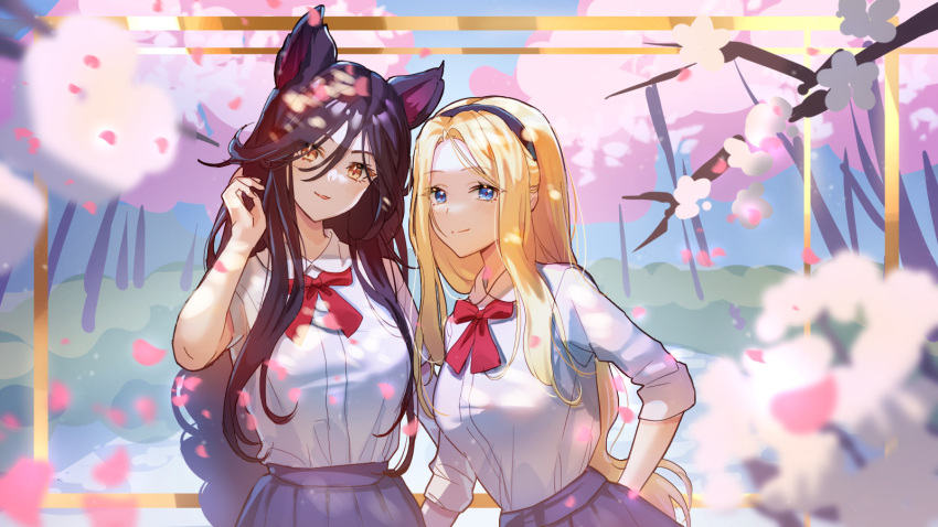 2girls ahri_(league_of_legends) alternate_costume black_hair black_hairband blue_eyes blush bow bowtie breasts brown_eyes brown_hair chibi_vanille closed_mouth collared_shirt hair_between_eyes hairband hand_up highres large_breasts league_of_legends long_hair long_sleeves lux_(league_of_legends) multiple_girls open_mouth parted_bangs petals pleated_skirt purple_skirt red_bow red_bowtie school_uniform shirt short_sleeves skirt smile white_shirt