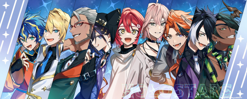 6+boys :d :q animal_ears animal_hood aqua_eyes aragami_oga arurandeisu astel_leda black_choker black_collar black_gloves black_hair black_jacket black_nails black_shirt blonde_hair blue_background blue_eyes blue_hair blue_necktie bodysuit bodysuit_under_clothes brown_vest buttons cat_hood choker collar collared_shirt column_lineup commentary copyright_name dark-skinned_male dark_skin diamond_button earrings everyone eyepatch gem glasses gloves gold_trim green_eyes green_gemstone green_jacket grey_hair grey_shirt grin hair_between_eyes hair_ornament hair_over_one_eye hair_slicked_back hair_strand hanasaki_miyabi hand_on_own_hip hand_on_own_neck heterochromia highres holostars hood hood_up horns jackal_boy jackal_ears jacket jewelry kageyama_shien kanade_izuru kishido_temma lightning_bolt_hair_ornament lightning_bolt_symbol looking_at_viewer loose_clothes loose_shirt lower_teeth_only male_focus mole mole_under_eye multicolored_hair multiple_boys neckerchief necklace necktie ninahachi no_bangs oerba_yun_fang open_clothes open_shirt orange_eyes orange_hair orange_jacket orange_neckerchief parted_bangs pink_hair print_necktie purple_eyes purple_shirt red-framed_eyewear red_hair ribbon rikka_(holostars) salute sharp_teeth shirt shirt_under_shirt short_hair single_earring single_horn sleeves_past_wrists smile spiked_collar spikes starry_background stole streaked_hair sweater teeth tie_clip tongue tongue_out turtleneck twitter_username two-tone_hair upper_body vest virtual_youtuber white_hair white_jacket white_necktie white_shirt white_sweater yellow_eyes yellow_ribbon yukoku_roberu