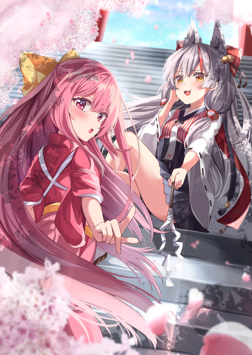 2girls acchii_(akina) animal_ears azur_lane black_hakama blue_sky bow cherry_blossoms cloud commission cowboy_shot fox_ears from_above grey_hair hairbow hakama hakama_short_skirt hakama_skirt highres historical_name_connection index_finger_raised japanese_clothes kamikaze_(azur_lane) kamikaze_(kancolle) kamikaze_(retrofit)_(azur_lane) kantai_collection kimono long_hair long_sleeves looking_at_viewer looking_back meiji_schoolgirl_uniform multicolored_hair multiple_girls name_connection pink_hair pink_hakama red_kimono ribbon-trimmed_sleeves ribbon_trim skeb_commission skirt sky stairs streaked_hair yellow_bow yellow_eyes