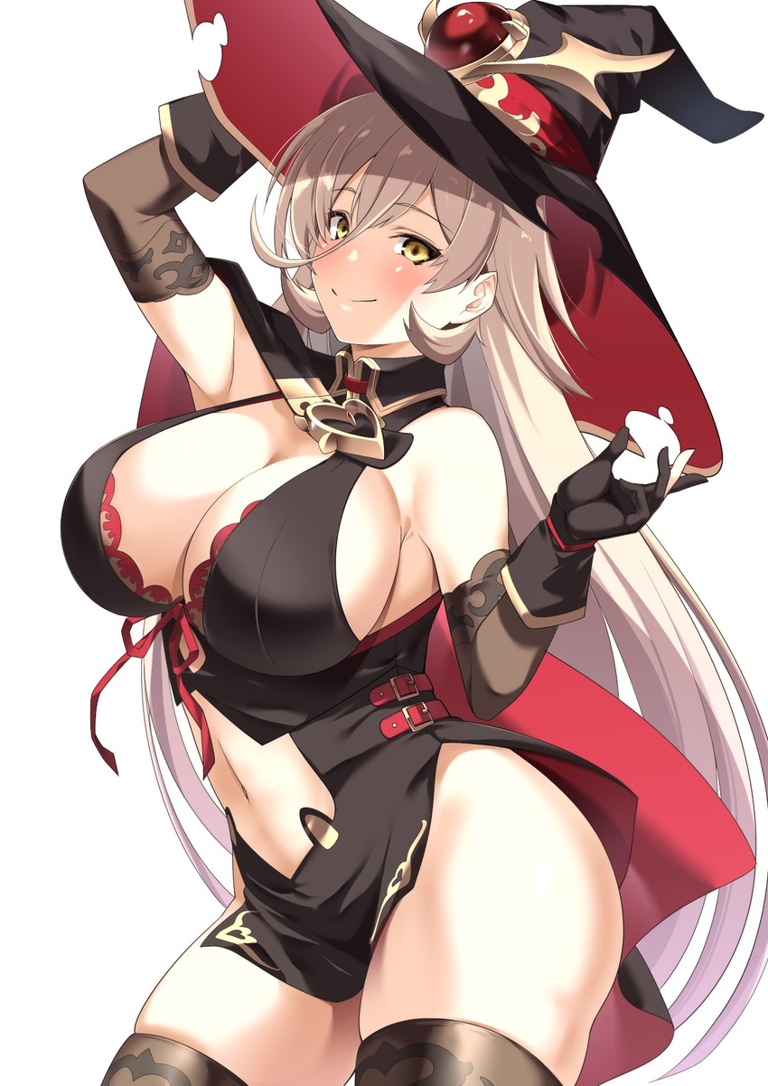 black_gloves black_hat black_thighhighs blonde_hair blush breasts cleavage cowboy_shot female gloves hair_between_eyes hand_on_headwear hat highres hijiki_meshi large_breasts long_hair looking_at_viewer navel nijisanji nui_sociere nui_sociere_(1st_costume) simple_background smile solo thighhighs thighs very_long_hair virtual_youtuber white_background witch_hat yellow_eyes