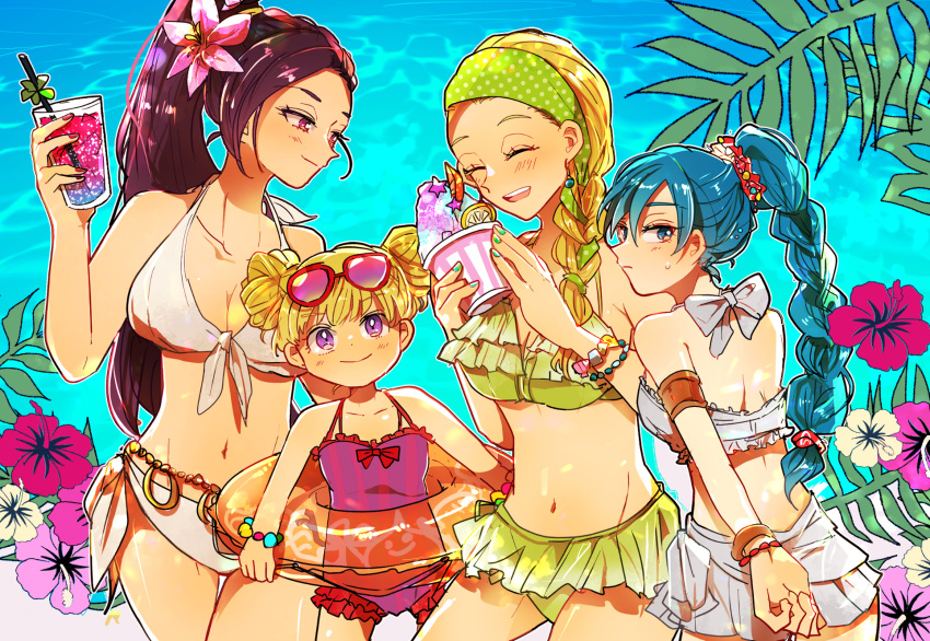 4girls alternate_costume alternate_hairstyle azuchi_(monica) beach bikini black_hair blonde_hair blue_eyes blue_hair blush bracelet braid collarbone commentary_request cowboy_shot cup double_bun dragon_quest dragon_quest_xi drink drinking_straw earrings eyewear_on_head flower food frilled_bikini frilled_one-piece_swimsuit frills frown fruit glass hair_bun hair_flower hair_ornament hair_up hairband halterneck happy high_ponytail highres holding holding_cup innertube jewelry lemon lemon_slice long_hair looking_at_another looking_at_viewer looking_back martina_(dq11) maya_(dq11) midriff multiple_girls navel ocean one-piece_swimsuit outdoors ponytail purple_eyes scrunchie senya_(dq11) shaved_ice side-tie_bikini_bottom single_braid smile striped_clothes striped_one-piece_swimsuit sunglasses sweatdrop swim_ring swimsuit veronica_(dq11) water